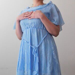 Blue chiffon lace ruffle a-line dress